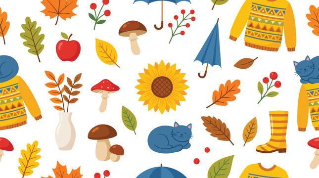 Cozy Autumn Seamless Pattern Wallpaper with Sleeping Cats, Sunflowers, Knit Sweaters, Rainy Umbrellas, and Colorful Fall Leaves for Thanksgiving Fabric Designs