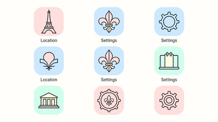 A grid of nine pastel-colored icons featuring symbols like the Eiffel Tower, fleur-de-lis, gears, and architectural elements, labeled as 'Location' and 'Settings'. © Warung