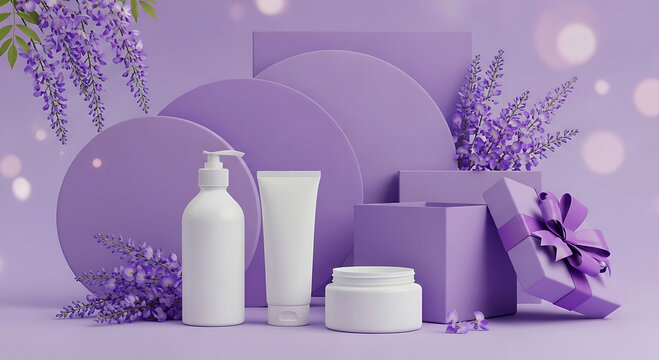 Cosmetic packaging mockup with wisteria flowers gift box and purple podium