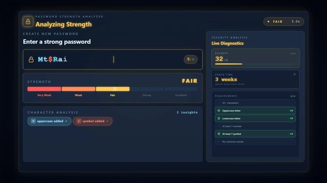 Password strength analyzer dashboard with security analysis live diagnostics and bank grade encryption interface