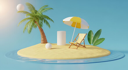 Fototapeta premium Tropical island scene with palm tree beach chair and umbrella in 3d rendering