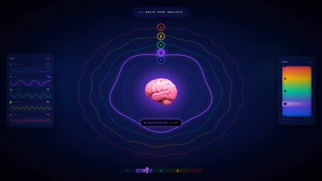 Brain wave analysis interface with EEG monitoring focused beta waves and mood tracking on dark dashboard