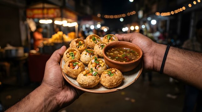 Appetizing street food composition with golden crunchy gol gappay served on a plate, held by a male hand against a vibrant background.