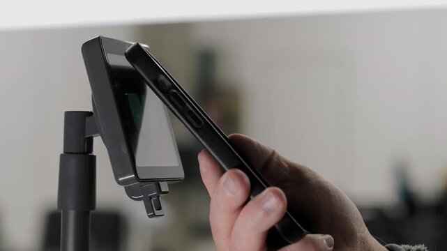 Close up of person paying with smartphone using contactless payment terminal in retail environment with mobile payment technology.