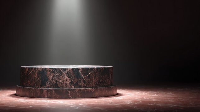 Round marble display pedestal illuminated by a focused spotlight in a dark setting