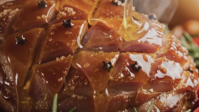 A close-up shot showcases a beautifully glazed and studded ham, adorned with cloves, suggesting a festive holiday meal.