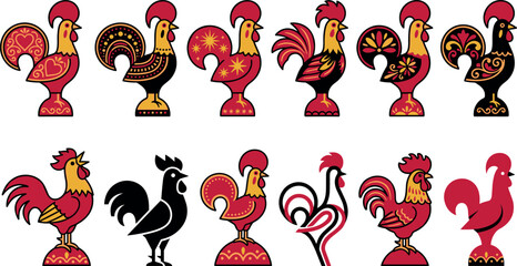 Portuguese Rooster of Barcelos Vector Icon Set Featuring Traditional Folk Art Ornamented Red and Black Cockerel Designs for Souvenirs and Cultural Branding © EdGe Creative