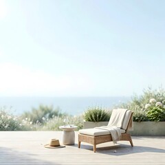 Fototapeta premium Luxurious outdoor resort terrace with lounge chair, straw hat and glass of water overlooking ocean under clear blue sky, wellness summer vacation concept with copy space.
