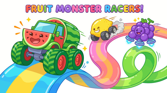 Kawaii Fruit Monster Truck Racing Vector Illustration