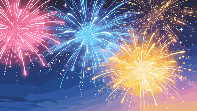 Vibrant fireworks explode in a dazzling display against a twilight sky, illuminating the night with bursts of color and light.