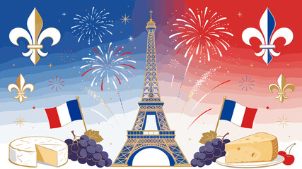 A vibrant illustration of French national symbols, including the Eiffel Tower, fleur-de-lis, French flags, fireworks, grapes, and cheese, set against a red, white, and blue background. © Warung