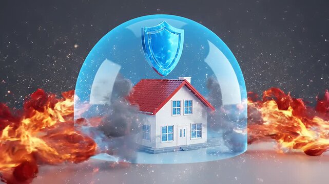 A house protected by a shield from surrounding fires