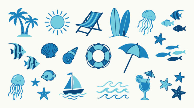 Blue water drops vector set beach sea summer travel icons ocean nautical design illustration symbol logo vacation holiday nature