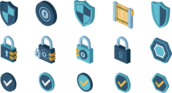 Isometric Cybersecurity Vector Icon Set with Shields Combination Padlocks Keyholes Gate and Check Mark Symbols for Business Privacy and App Protection Systems