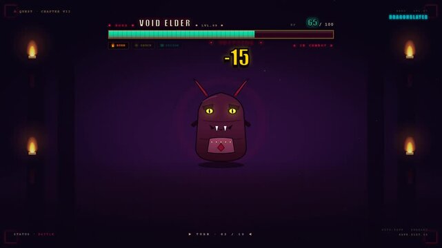 Pixel art boss battle game with void elder enemy countdown and victory defeated screen interface