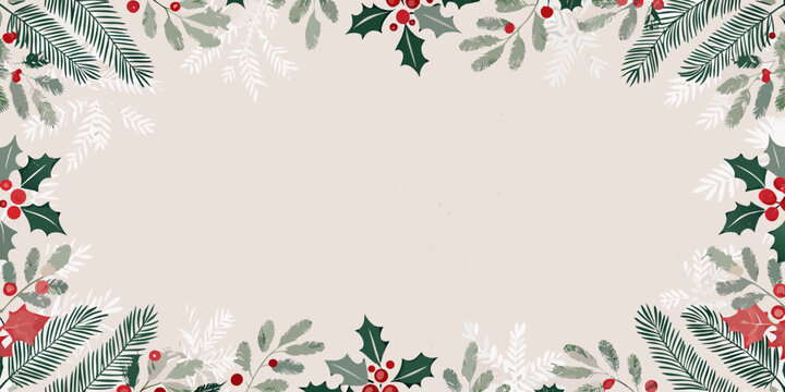 Holly Berry And Evergreen Floral Ornament With Beige Background