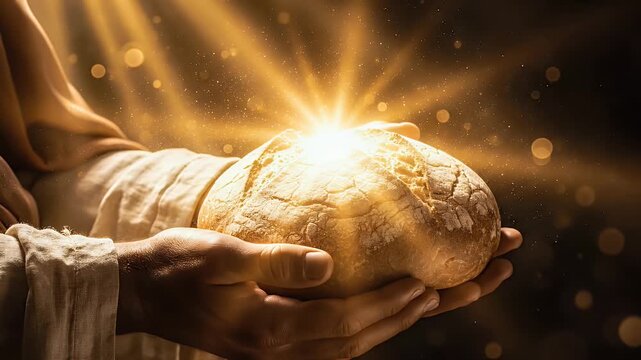 Hands holding a glowing loaf of bread with divine light rays