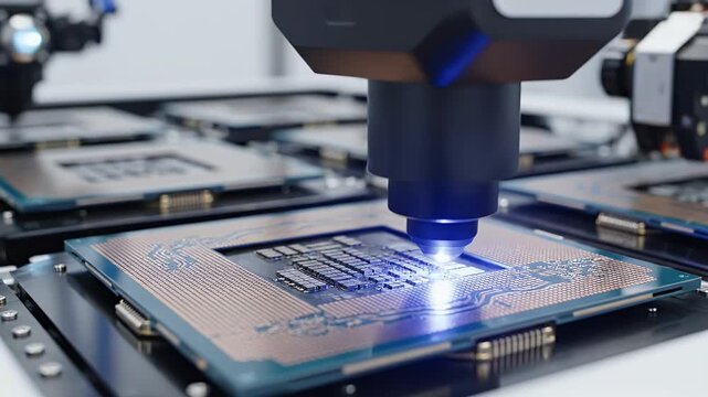 Robotic arm with blue light inspecting a complex circuit board