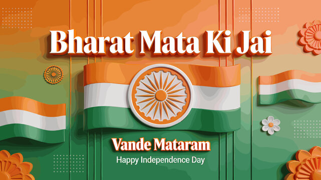 A vibrant 3D illustration celebrating India's Independence Day with patriotic slogans, Indian flag colors, and the Ashok Chakra symbol.