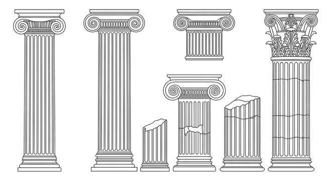 Architectural illustration of classic greek and roman columns in line art