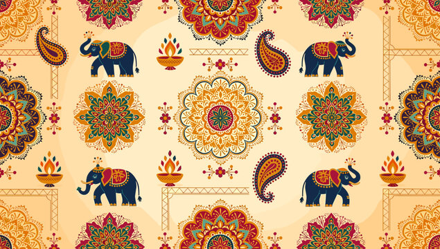 A vibrant and intricate seamless pattern featuring traditional Indian elephants, mandalas, paisley motifs, and diyas on a warm background.