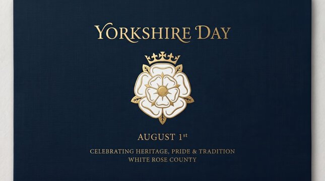 Yorkshire day celebration card with white rose emblem on dark blue textured background