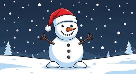 Fototapeta premium Cartoon snowman in a red hat on a snowy night with falling snow