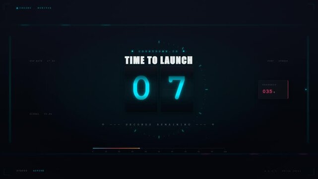 Futuristic launch sequence countdown progression interface with timer screens and liftoff complete status
