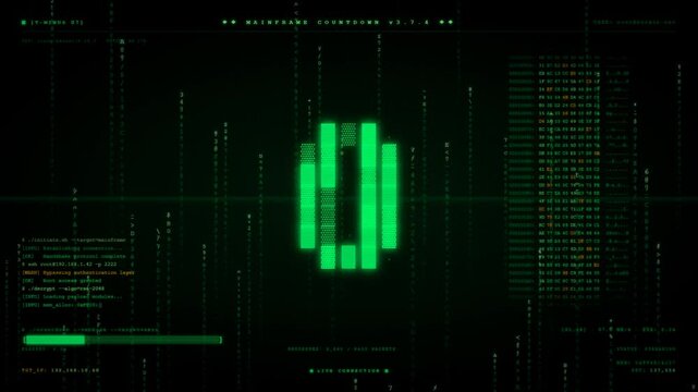 Hacker terminal countdown sequence with green code mainframe access granted breach in progress display