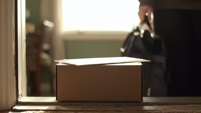 A package and envelope sit on a doorstep as a person enters their home