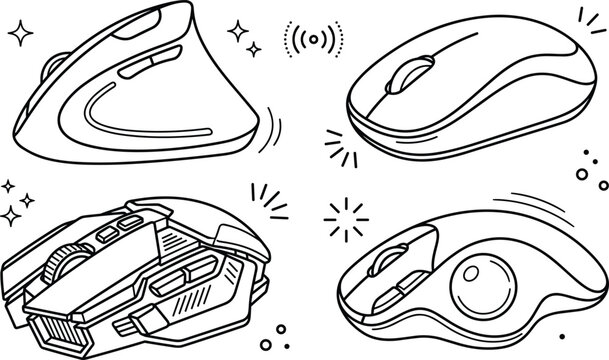 Computer Mouse Input Device Icon Set with Ergonomic Vertical Gaming Trackball and Wireless Hardware Line Symbols