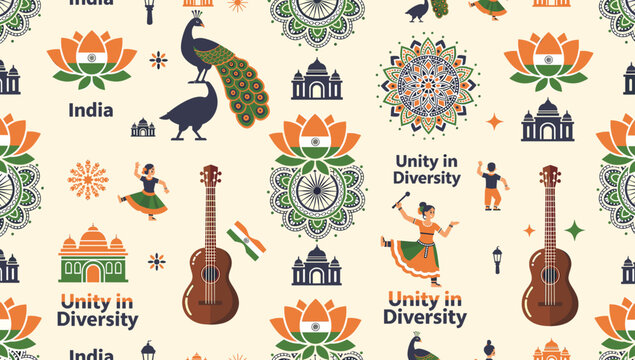 A vibrant seamless pattern showcasing Indian cultural symbols like peacocks, lotus, Taj Mahal, dancers, and mandalas, celebrating unity and diversity.