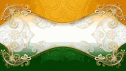 Elegant decorative background featuring the Indian flag colors of saffron, white, and green with intricate golden floral and scrollwork designs along wavy borders. © Naruto