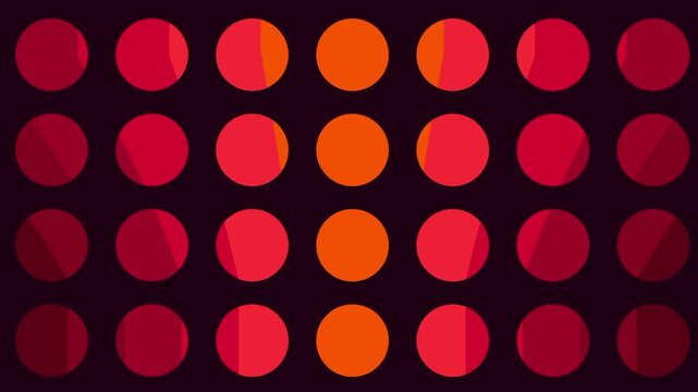 A grid of glowing red and orange circles of varying sizes pulses on a dark background in a vibrant dot matrix abstract design
