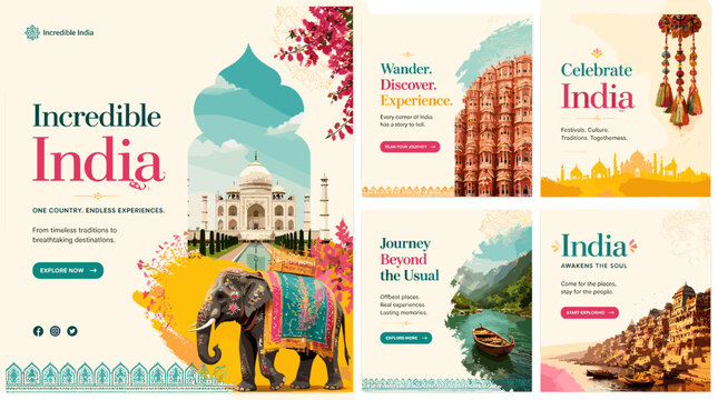 Incredible India: A vibrant collection of travel advertisements showcasing iconic landmarks, cultural experiences, and the diverse beauty of India.