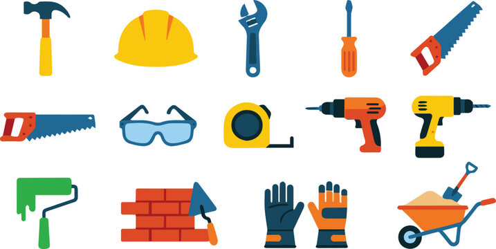 Construction worker tools laid on ground in organized manner outdoors