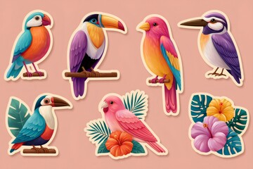 Obraz premium Colorful tropical birds and hibiscus flowers sticker set