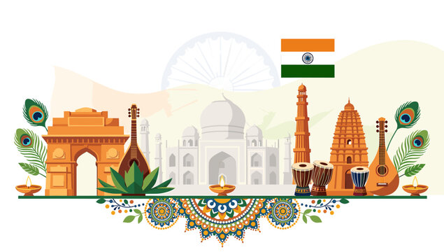 A vibrant illustration showcasing iconic Indian landmarks, cultural symbols, and musical instruments against a backdrop of the Indian flag.