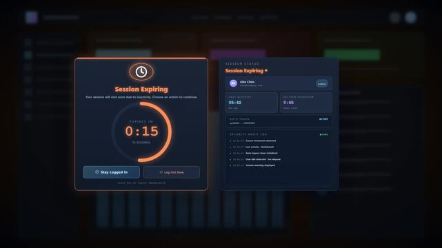 Session expiring warning dialog with countdown timer and security audit log on dark dashboard interface