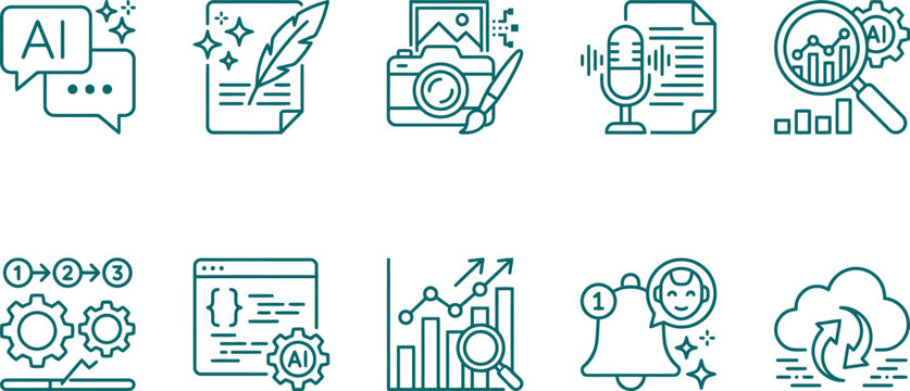 AI productivity tool micro activity icons pack futuristic ui micro icon set chat prompt auto writing image generation voice transcription