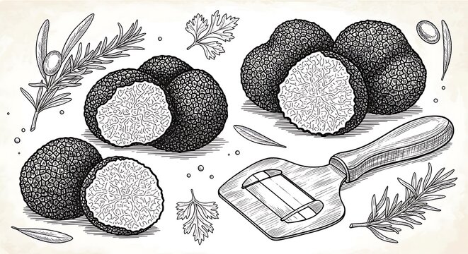 Artistic illustration of fresh truffles with culinary herbs and tools