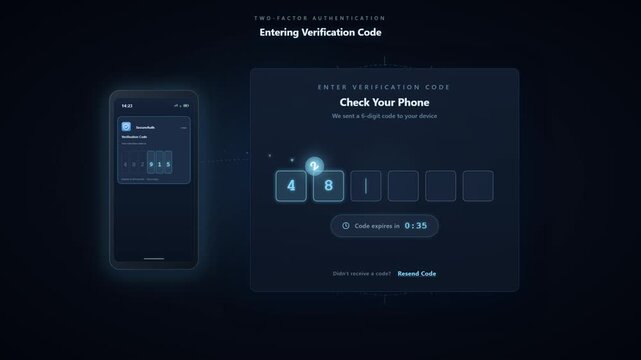Two factor authentication verification code entry interface with smartphone notification on dark security screen
