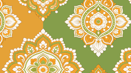 Intricate Indian-inspired floral mandala pattern with a repeating motif in shades of orange, green, and white. © Naruto