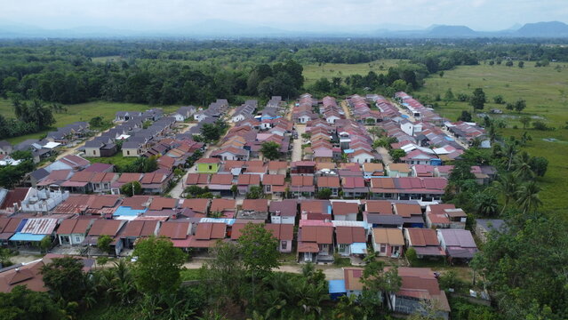 Aerial view of government subsidized housing that looks dense