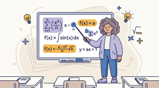 A friendly teacher explains complex math formulas on a whiteboard to students in a classroom setting with bright ideas
