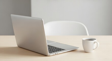 Fototapeta premium Laptop and coffee cup on a wooden desk in a modern office