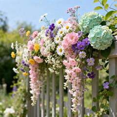 Obraz premium Lush Cascading Mixed‑Spring‑Blooms Wooden Fence Thread‑Embroidery Art