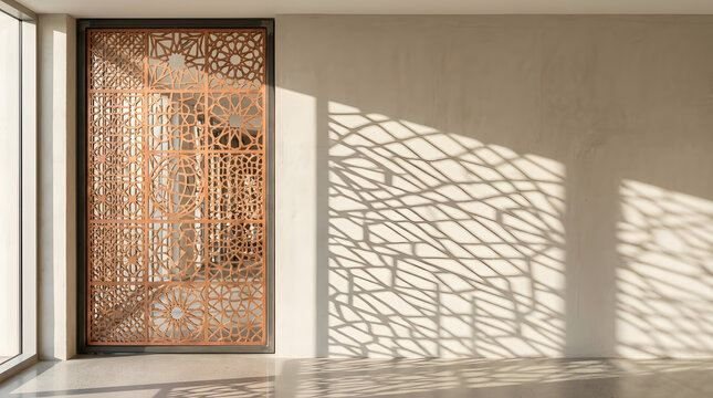 Decorative Geometric Screen Door Casting Intricate Shadows on a Minimalist Interior Wall