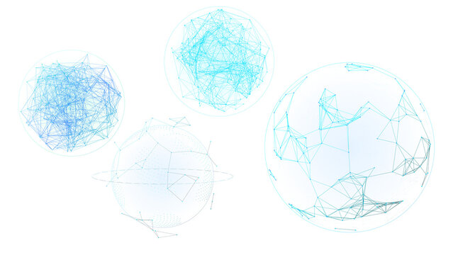 Futuristic blue plexus spheres on white background, abstract digital network globes with connected lines and dots, 4 geometric technology icons