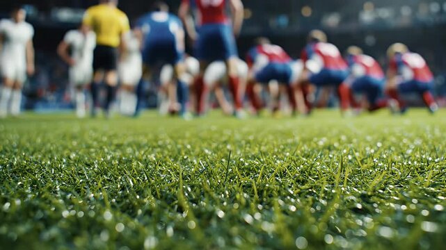 A blurred view of a sports team huddling on a vibrant green field, emphasizing the texture of the grass and the intensity of the moment.